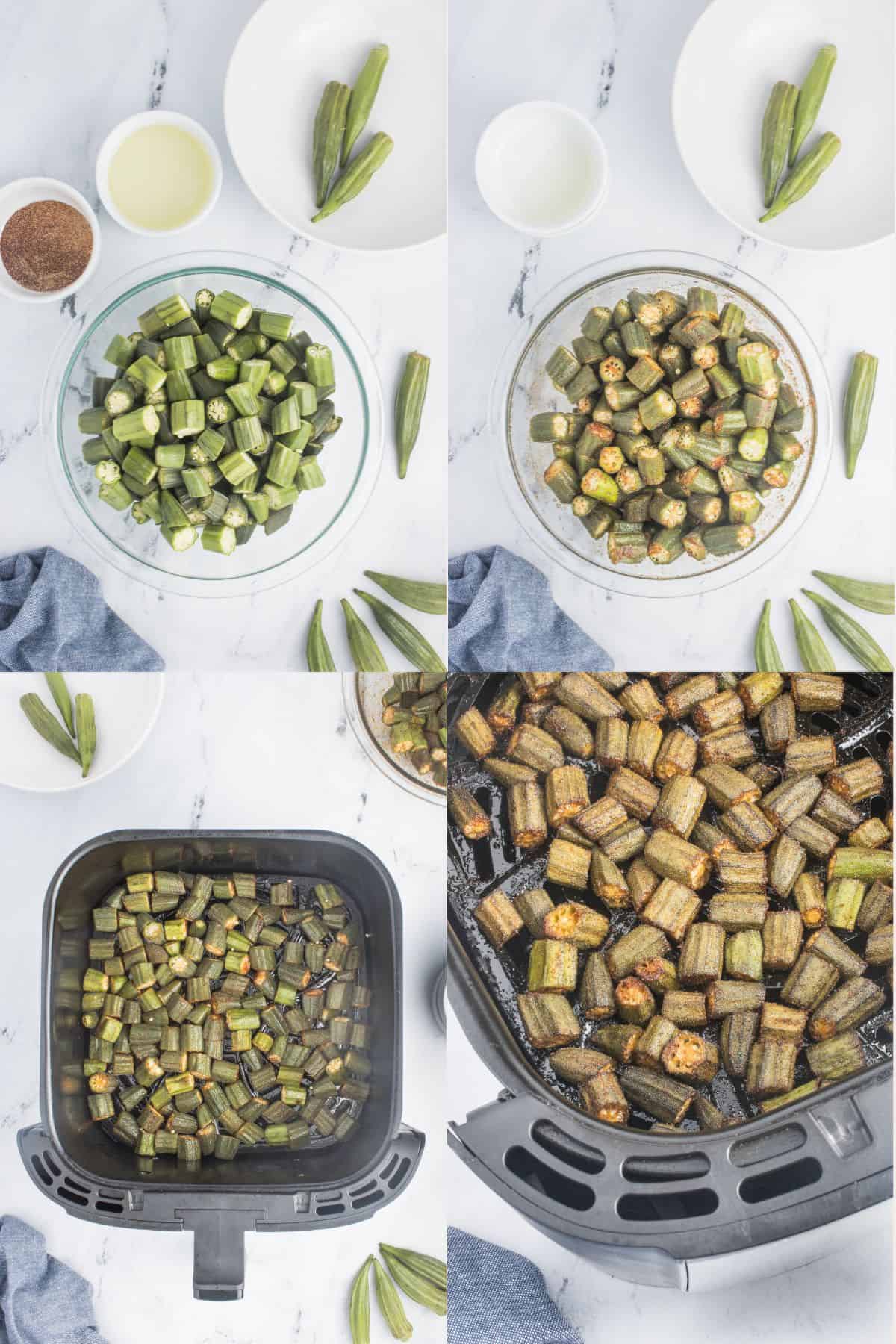 This collage features multiple images depicting the process of preparing and cooking okra using an air fryer. The first image shows cut okra placed in a bowl. In the second image, the okra is seasoned and lightly coated with oil. The third image displays raw okra arranged inside the air fryer. Lastly, the fourth image showcases the cooked okra, perfectly air-fried and ready to be enjoyed.
