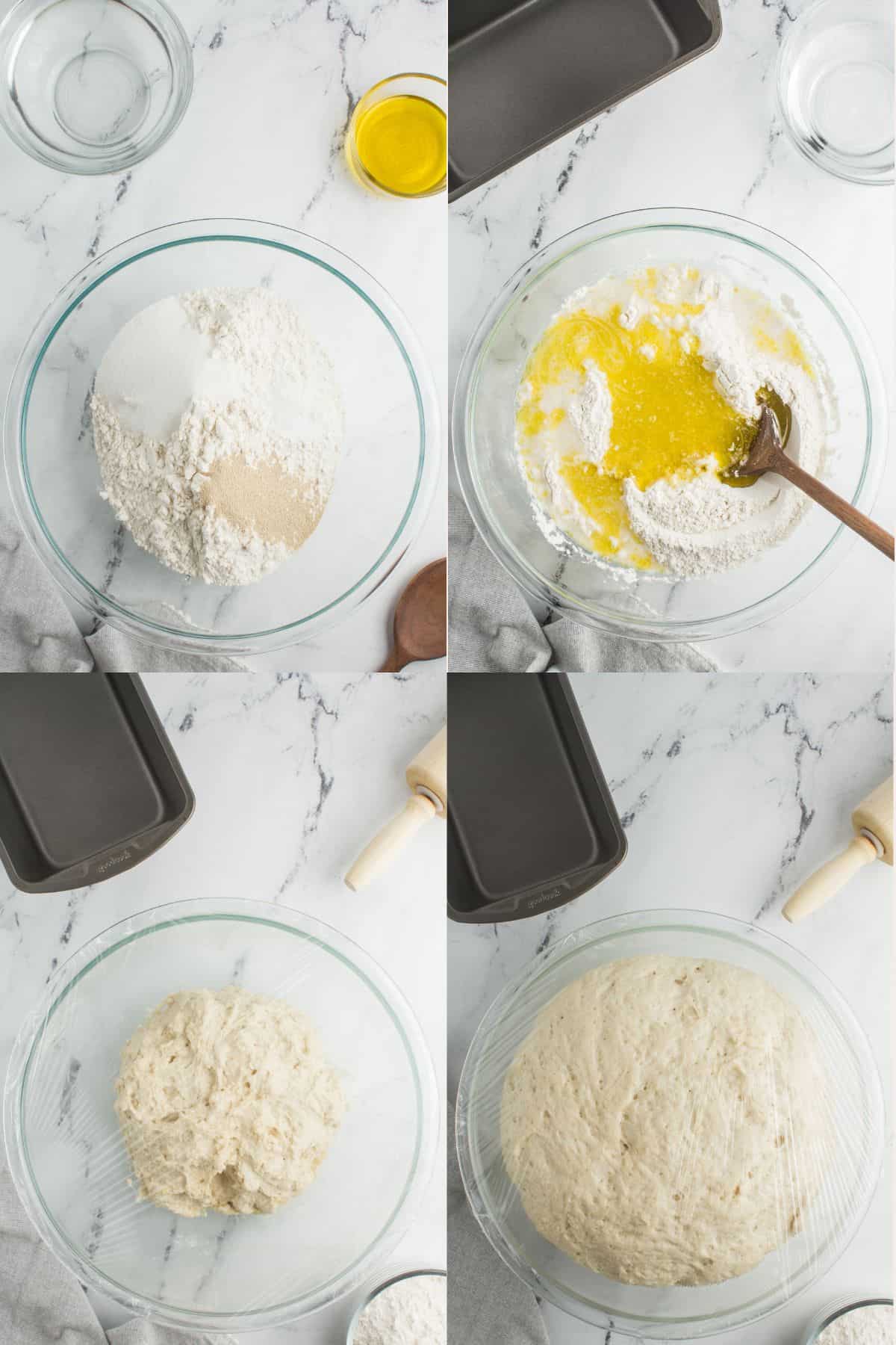 The collage includes four images: a bowl of dry ingredients, water and oil being added, mixed dough covered with plastic wrap, and the doubled-in-size dough.