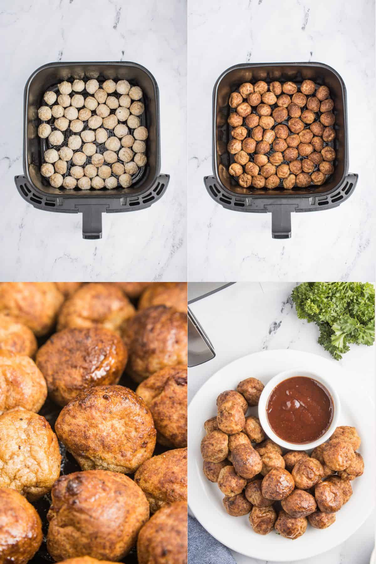 The collage includes images of frozen meatballs in an air fryer basket, golden brown cooked meatballs, and a close-up of the cooked meatballs on a plate with a side of sauce.