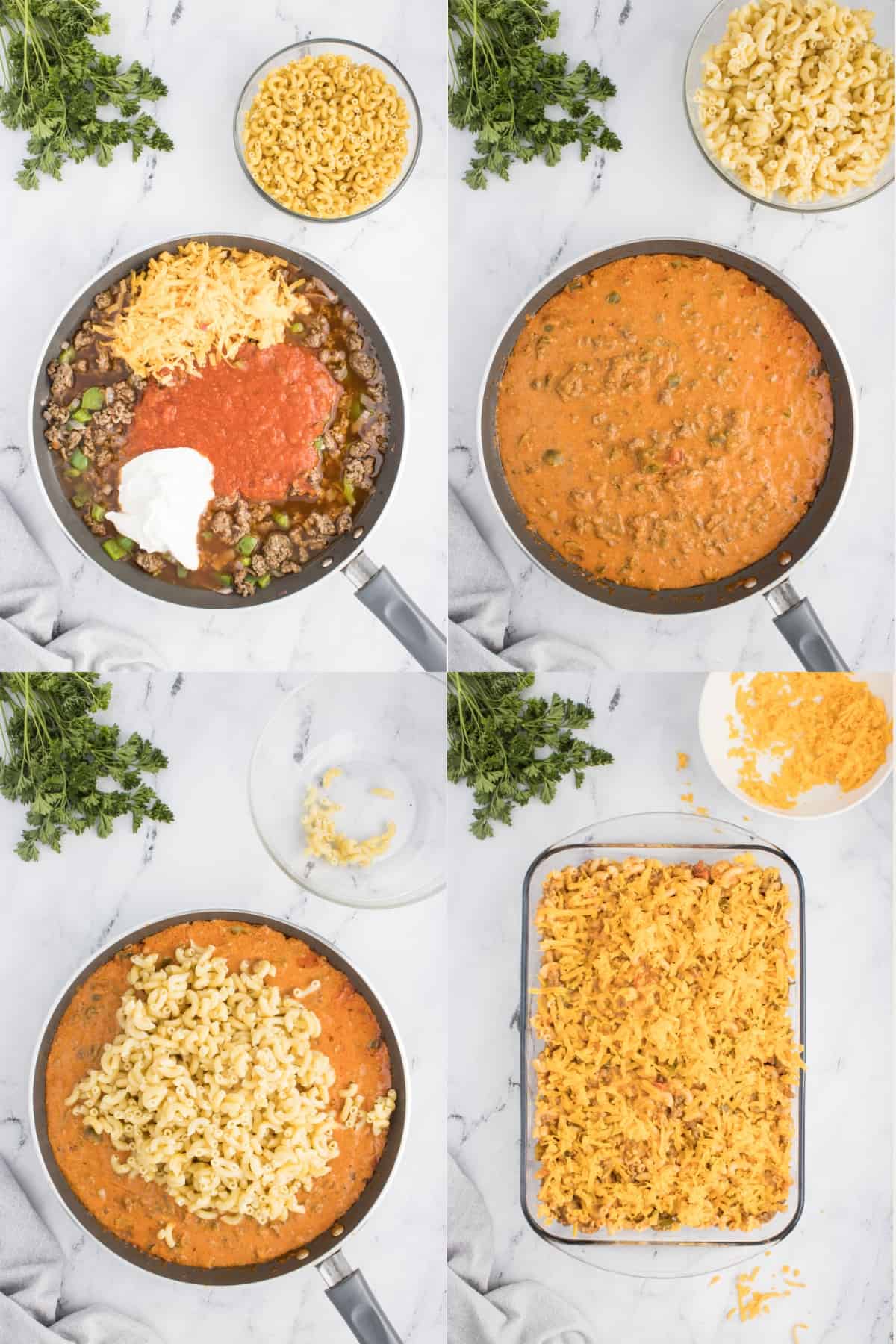 This four-image collage showcases the process of making Cheesy Hamburger Casserole. The first image displays a skillet with ground beef, seasonings, vegetables, sauces, cheese, and more. In the next image, the ingredients are combined. The third image shows cooked elbow pasta being added. The final image reveals the mixture transferred to a casserole dish, topped with cheese, and ready for baking.