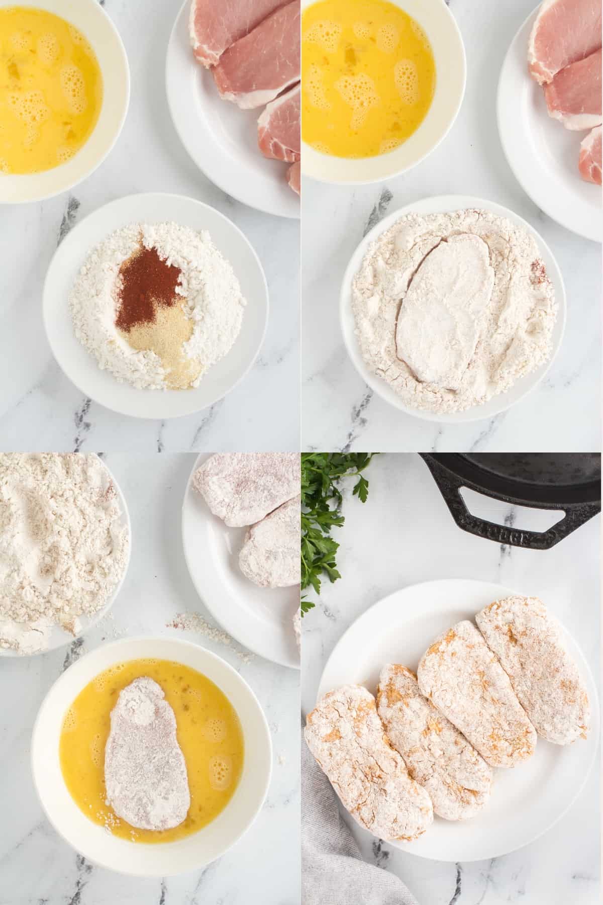This four-image collage illustrates the process of breading and frying pork chops. It begins with the flour and spice mixture, followed by coating the pork chops. Next, the chops are dipped in beaten eggs before being breaded again. The final image shows the breaded pork chops ready for frying.