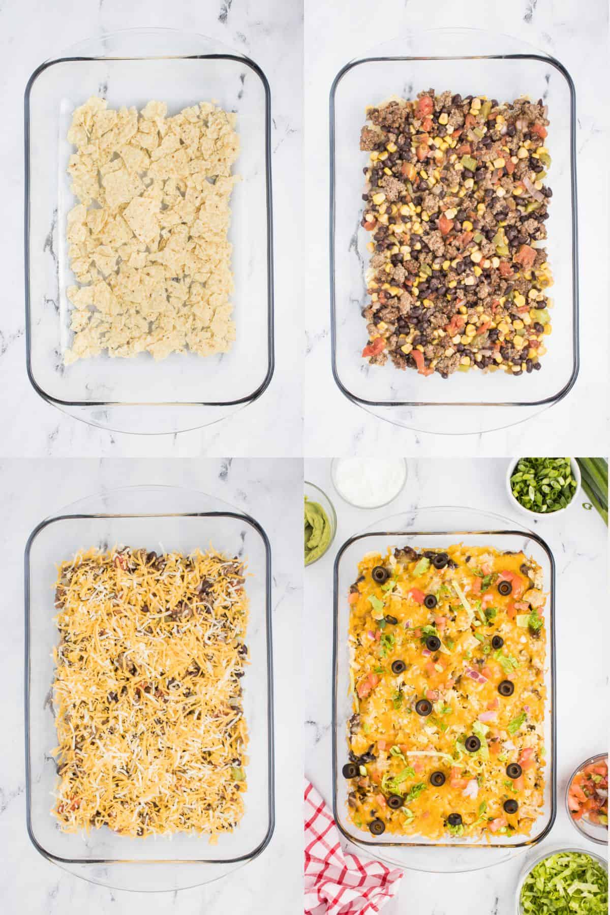 A 4-image collage of a taco casserole preparation. The first image shows crushed tortilla chips evenly spread across the bottom of a 9x13-inch casserole dish. The second image displays half of the ground beef mixture placed on top of the chips. The third image showcases shredded cheese being sprinkled generously over the beef mixture. The collage captures the step-by-step process of creating a flavorful and cheesy taco casserole.