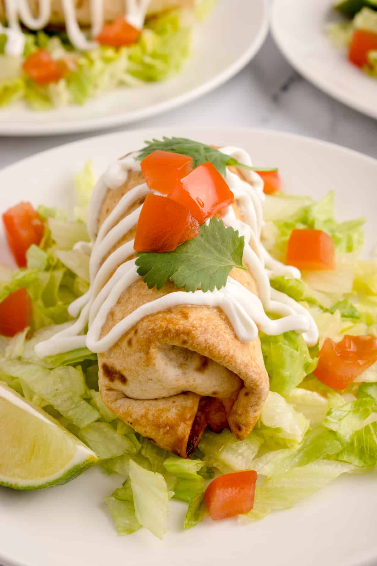 An image of a chimichanga on a plate, garnished with sour cream, cilantro, and diced tomatoes.