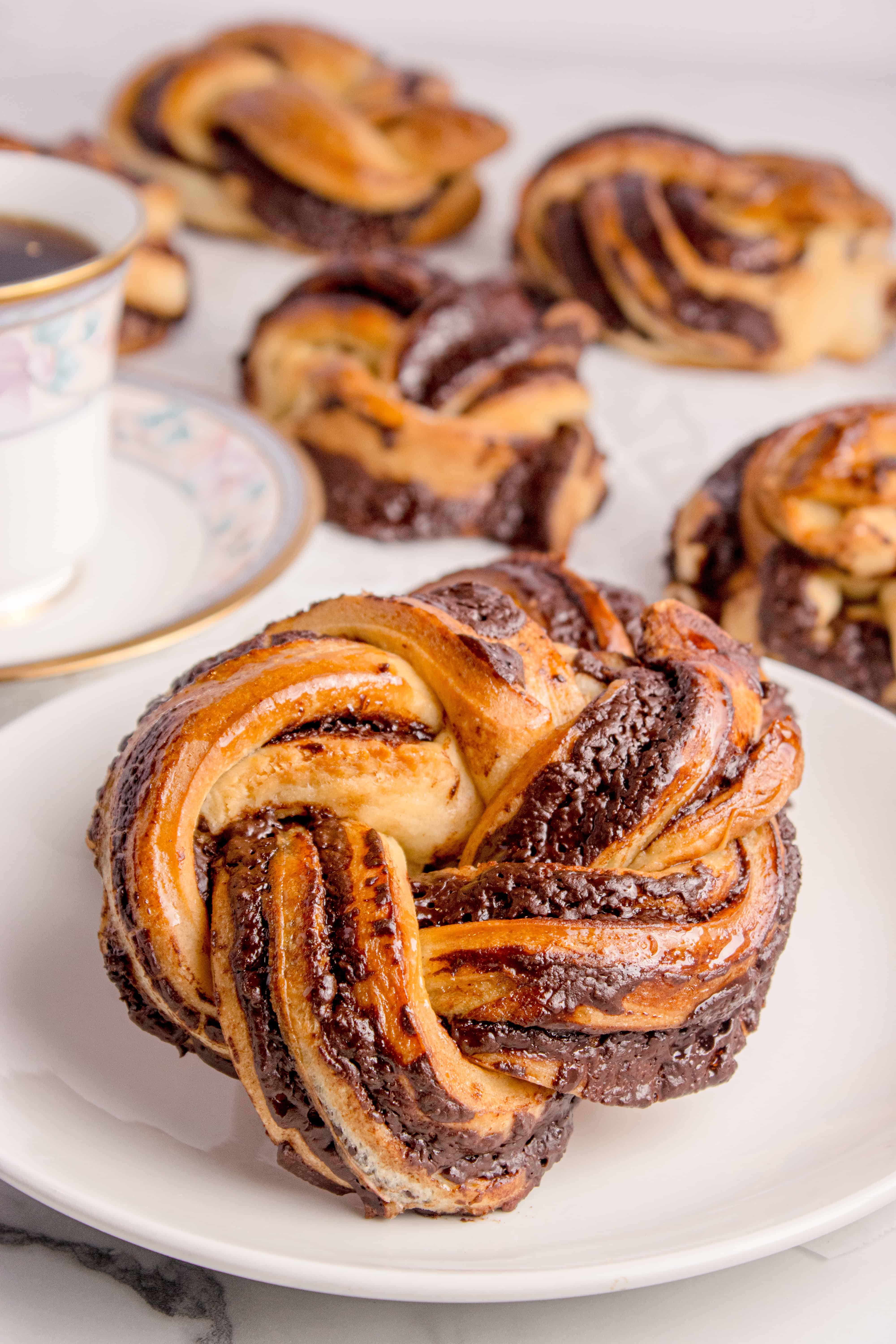 A chocolate babka bun on a plate.