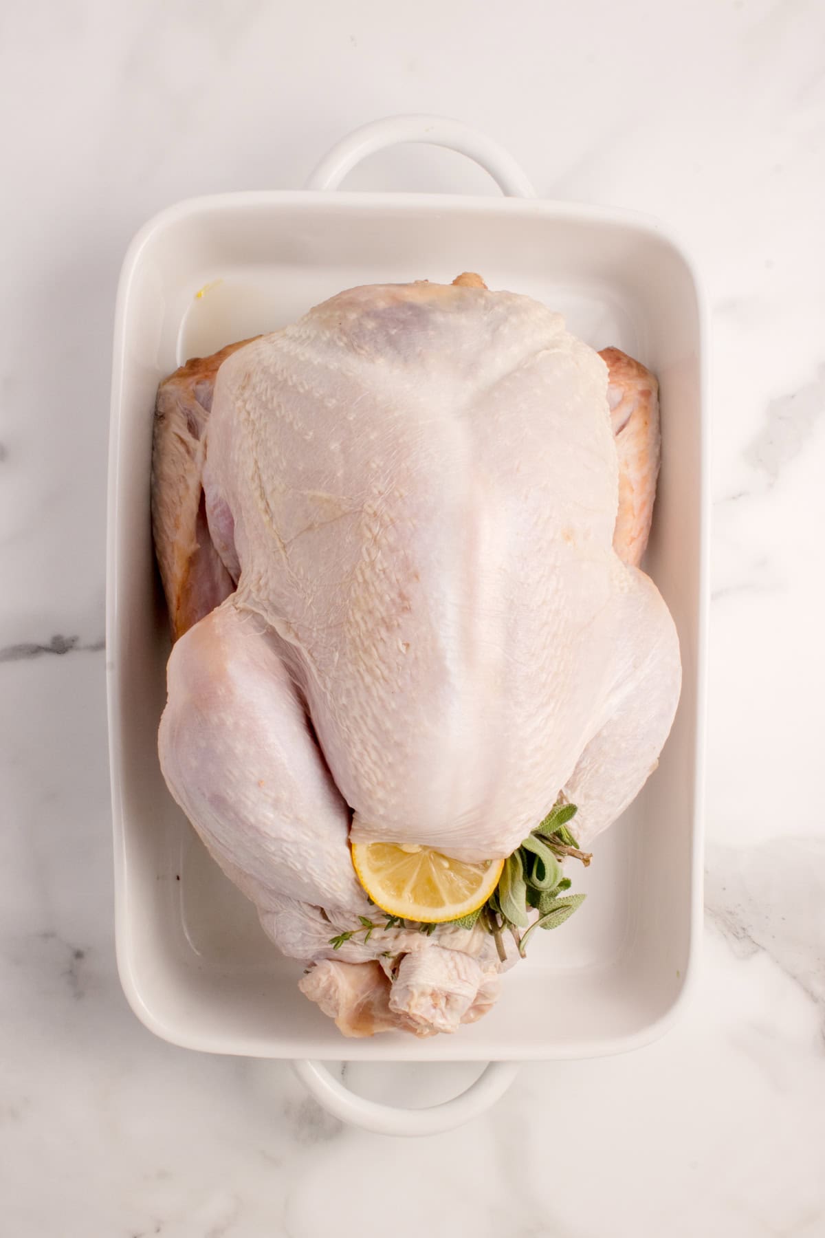 Turkey in a casserole dish for this Easy Oven Baked Turkey Recipe