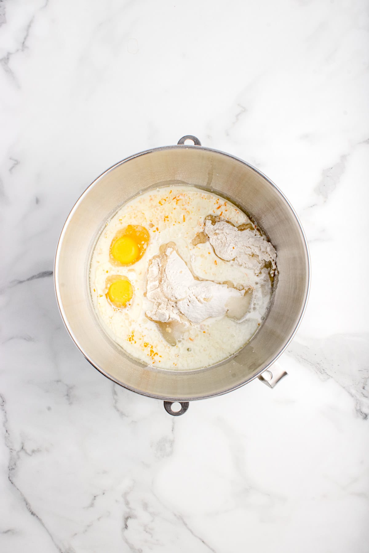 Ingredients in stand mixer bowl