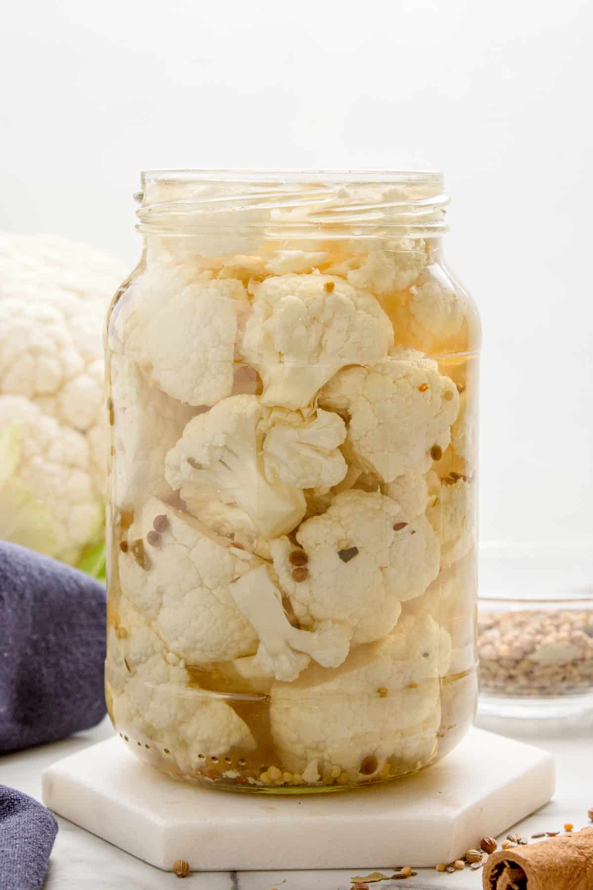 Pickled cauliflower in a jar