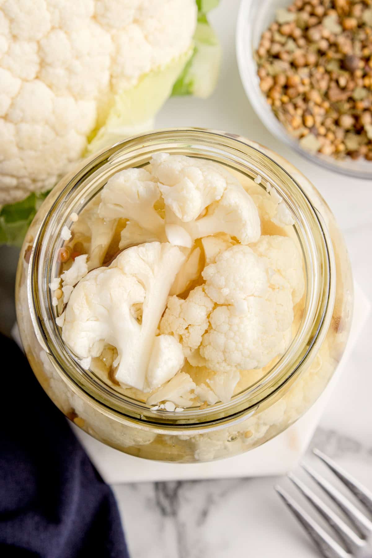Overhead image of pickled cauliflower