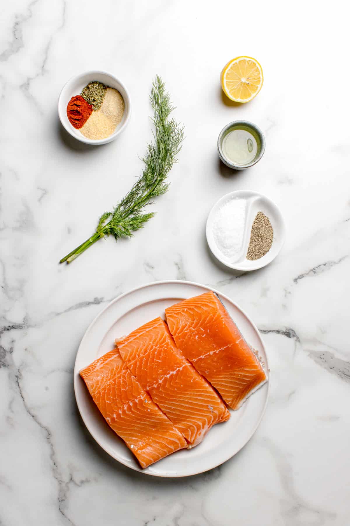 Ingredients for this pan-grilled lemon salmon recipe