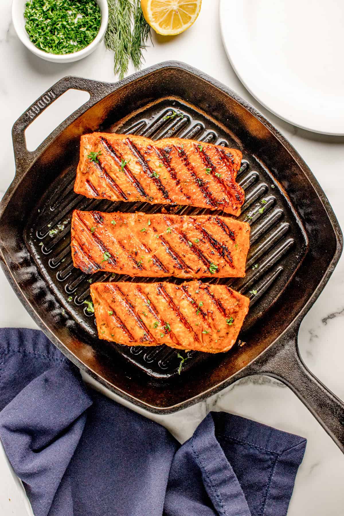 Cooked Pan-Grilled Lemon Salmon on a pan 