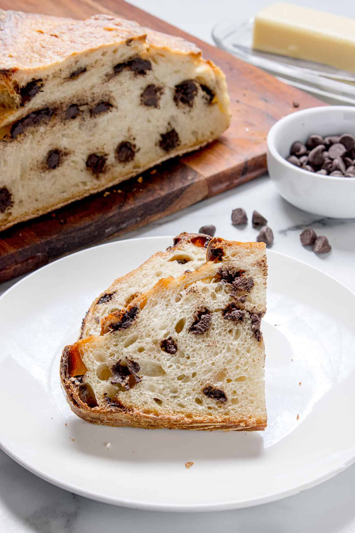 Closeup of bread slice on a plate.