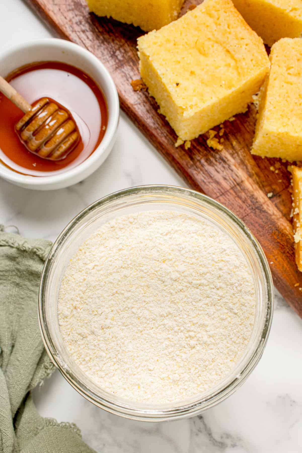 Top down shot of the cornbread mix in a mason jar. 