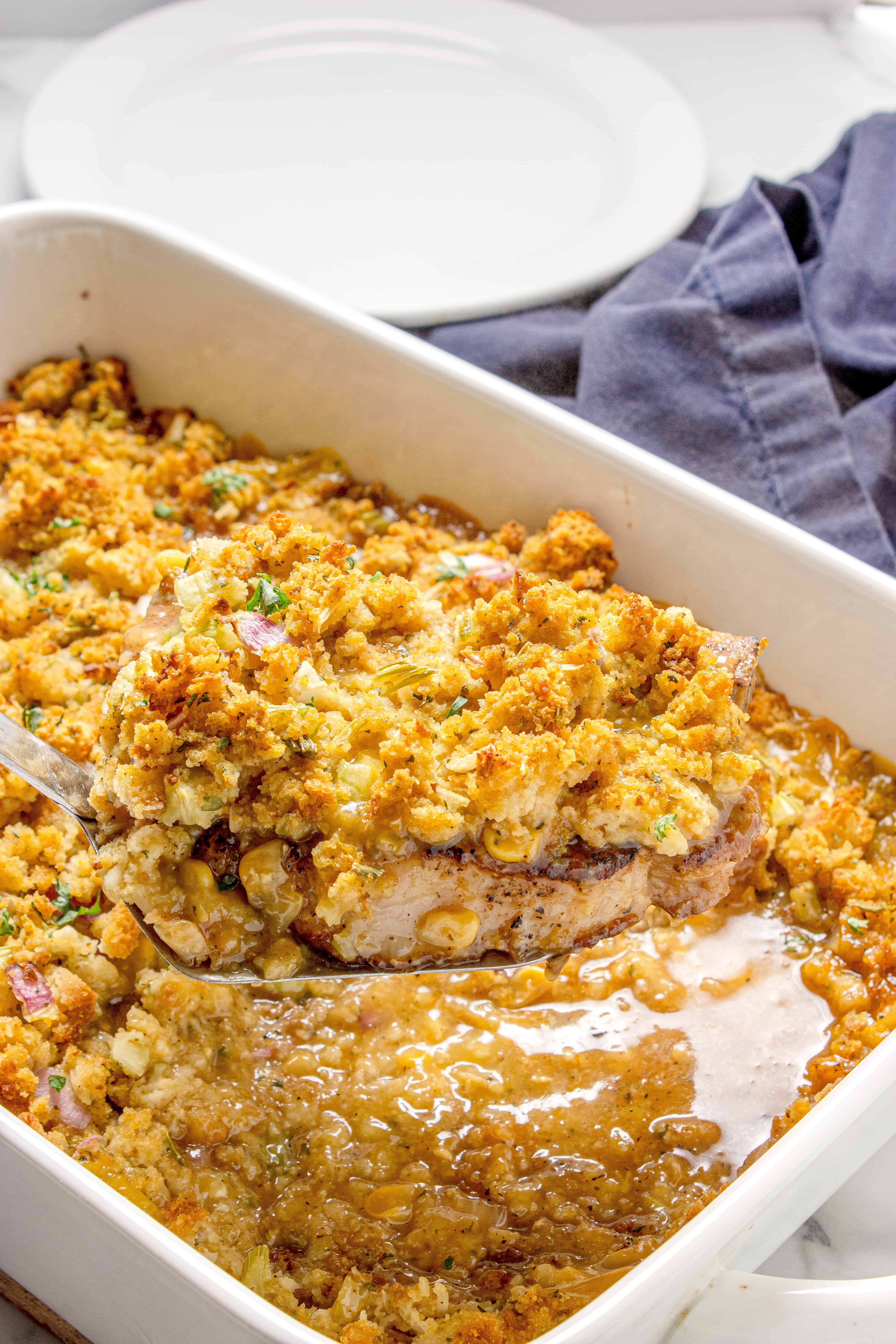 Pork chop stuffing on a spatula. 