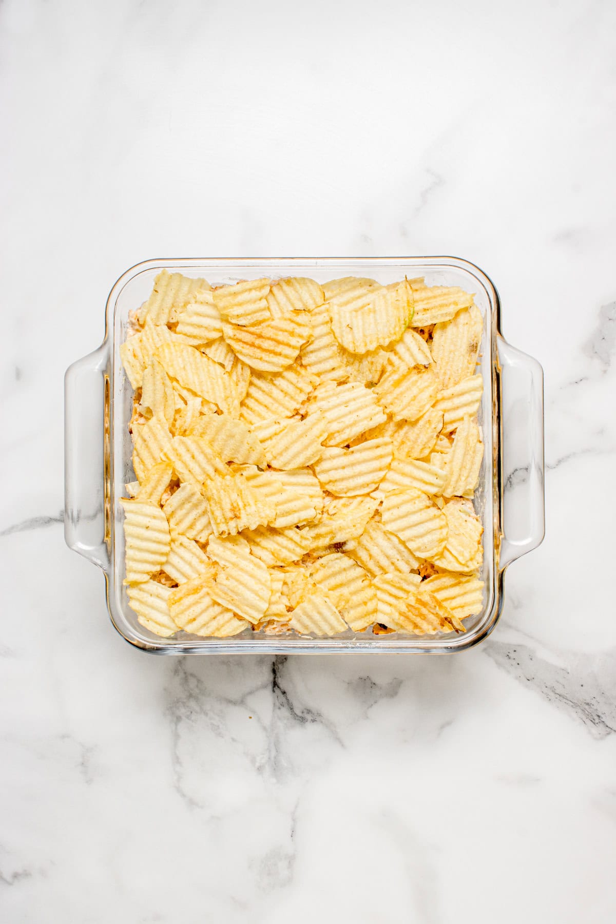 Chips over the chicken salad casserole mix