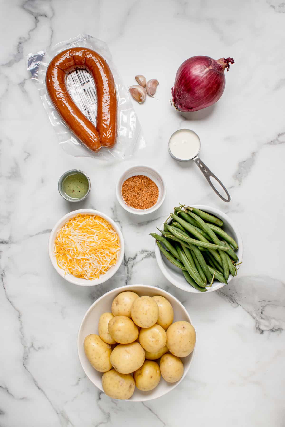 Ingredients for this Sausage Green Bean Potato Casserole recipe