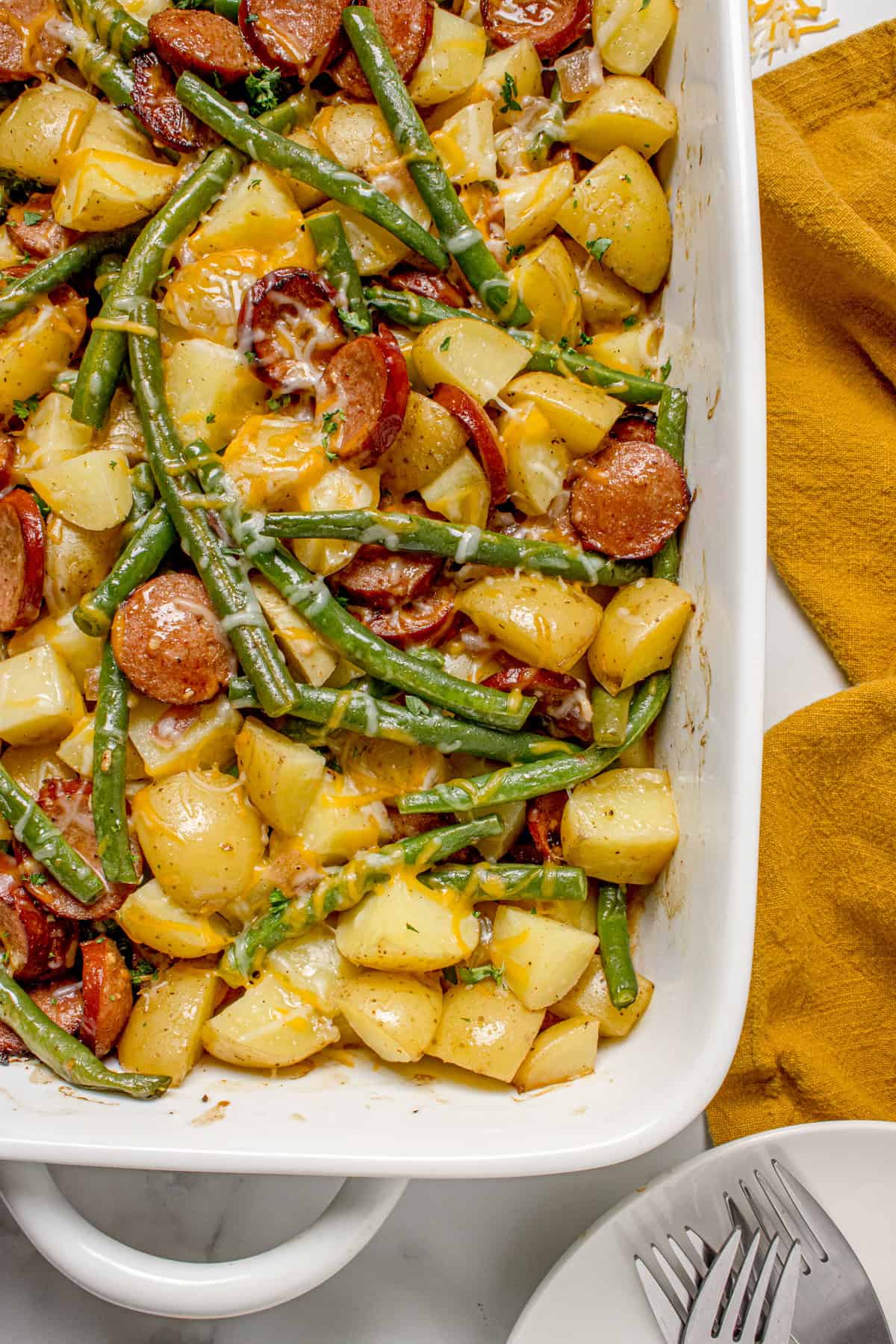 Sausage Green Bean Potato in a Casserole dish