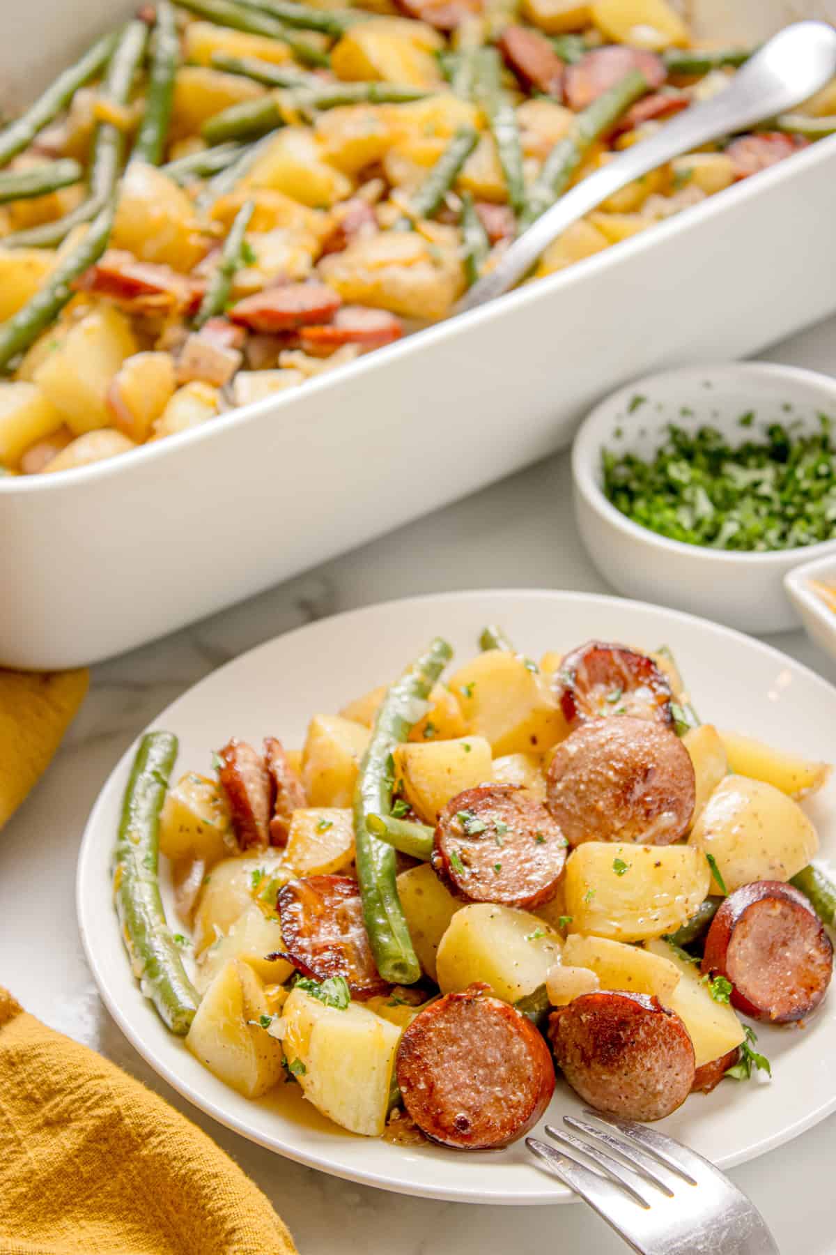Plated Sausage Green Bean Potato Casserole